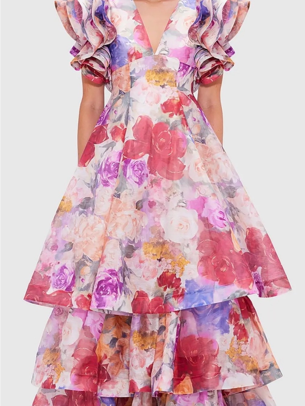 Floral Tiered Maxi Dress with Ruffle Sleeves - Pink & Purple